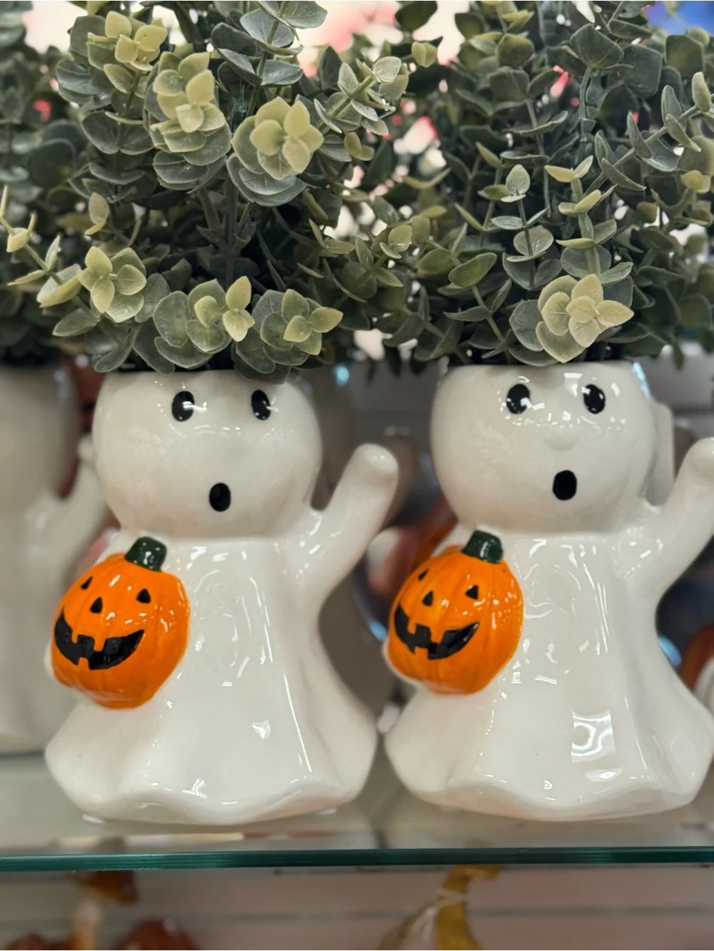 2 Ghost Ceramic Planter with Pumpkin Accent - White